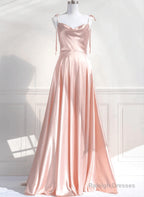 Pink Satin Straps Low Back Long Evening Dress, Pink Satin Prom Dress