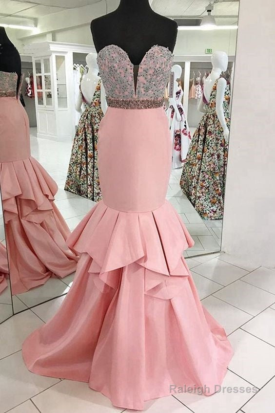 Pink Satin Sweetheart Neck Long Mermaid Prom Dresses With Lace Applique Main image