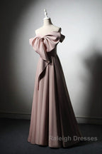 Pink Satin With Bow A-Line Long Prom Dress, Pink Satin Formal Dress Party Dress