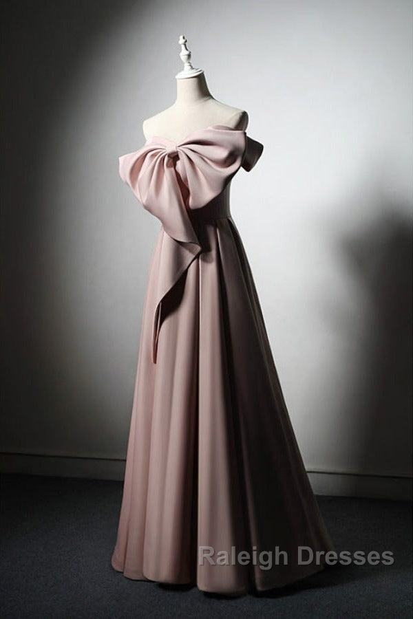 Pink Satin With Bow A-Line Long Prom Dress, Pink Satin Formal Dress Party Dress