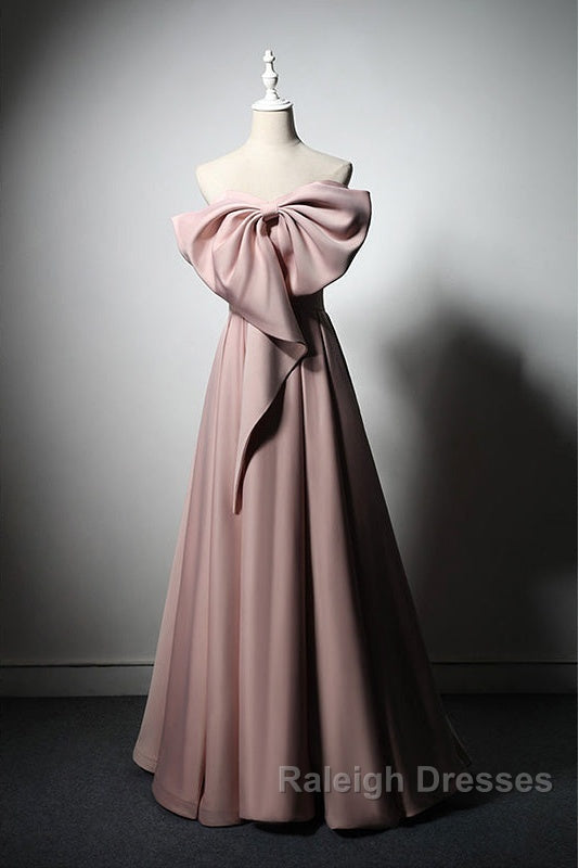 Pink Satin With Bow A-Line Long Prom Dress, Pink Satin Formal Dress Party Dress