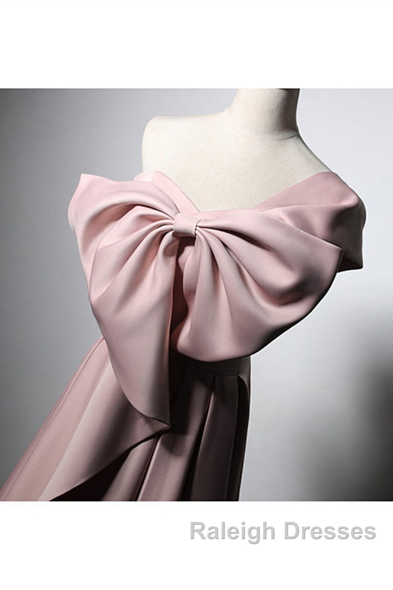 Pink Satin With Bow A-Line Long Prom Dress, Pink Satin Formal Dress Party Dress