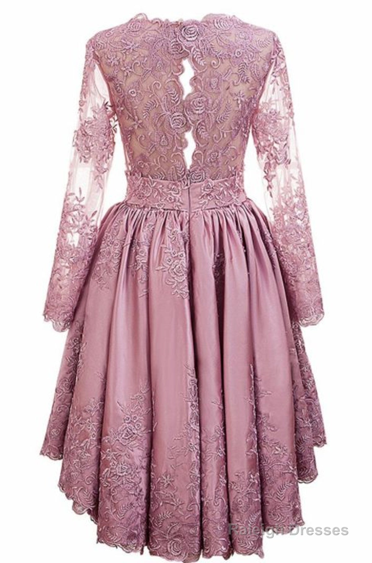 Pink Satin With Lace Applique High Low Homecoming Dress, Pink Short Prom Dress Secondary image