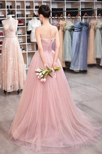 Pink Scoop Lace-Up Tulle Long Prom Dress, Pink Tulle Evening Dress Party Dress