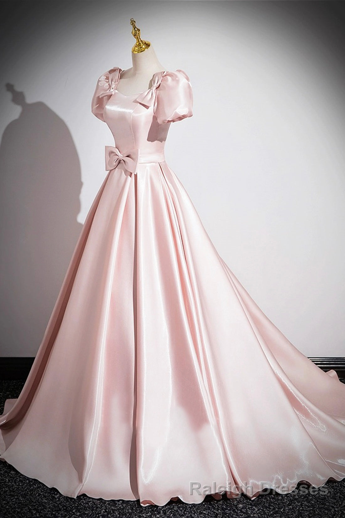 Pink Scoop Neckline Satin Floor Length Prom Dress, Pink Short Sleeve A Line Prom Dress Secondary image