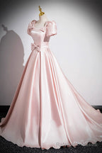 Pink Scoop Neckline Satin Floor Length Prom Dress, Pink Short Sleeve A Line Prom Dress