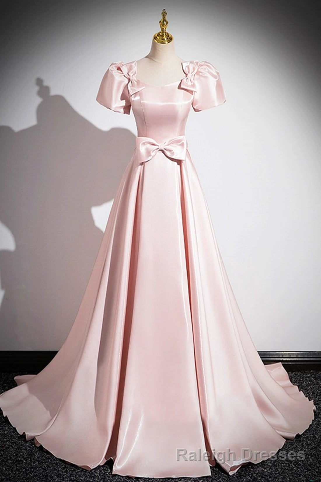 Pink Scoop Neckline Satin Floor Length Prom Dress, Pink Short Sleeve A-Line Party Dress