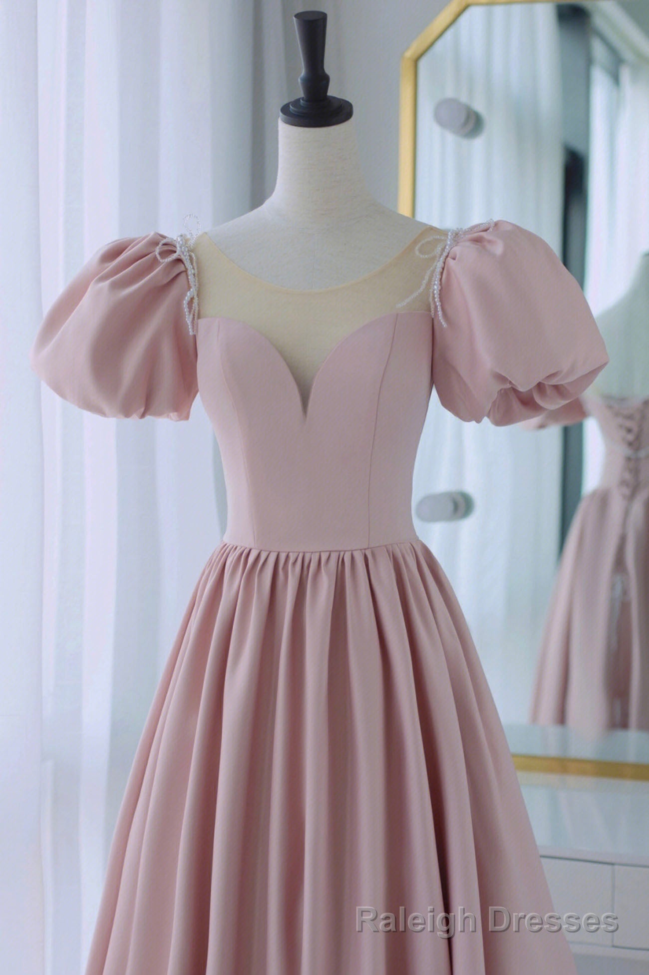 Pink Scoop Neckline Satin Prom Dress, Pink Floor Length Prom Dress Secondary image