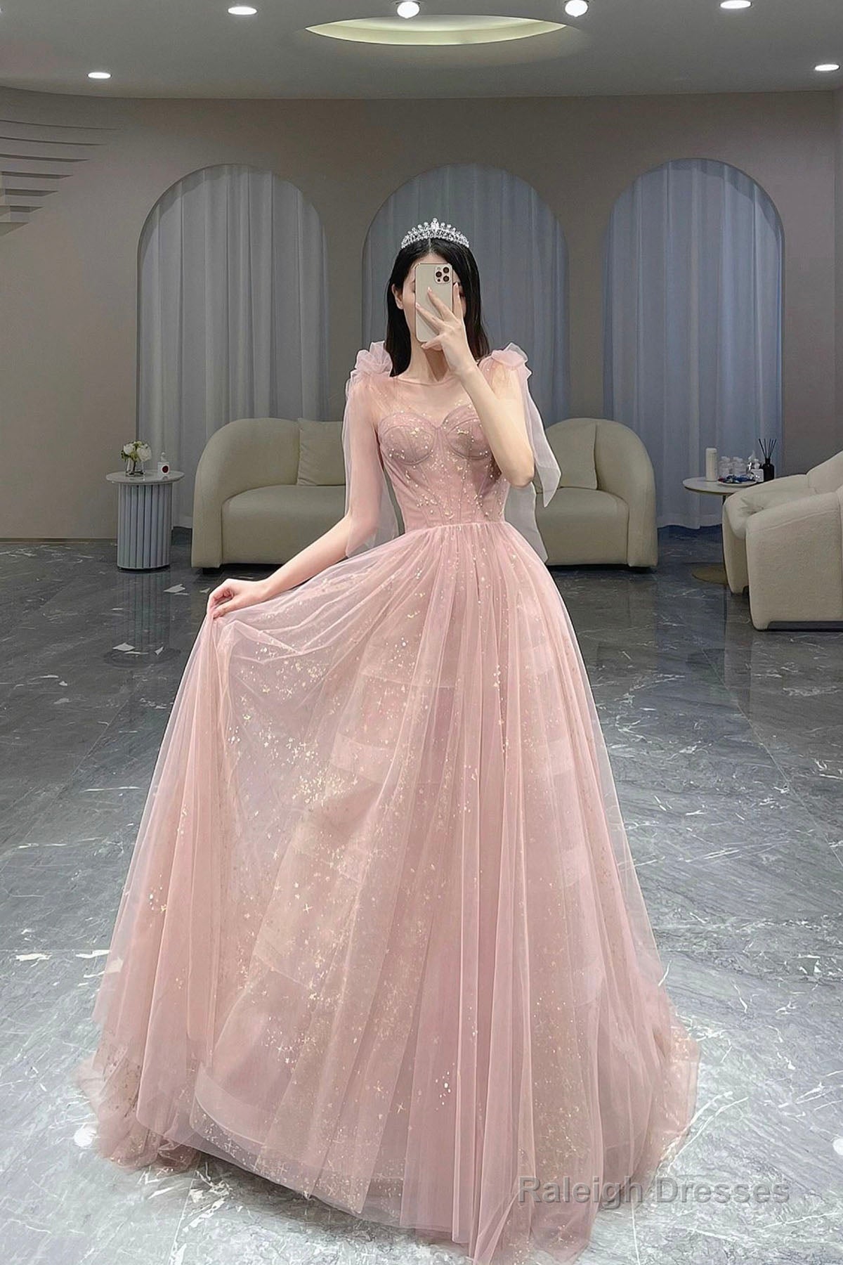 Pink Scoop Tulle Long A-Line Prom Dress, Cute Pink Graduation Dress Main image