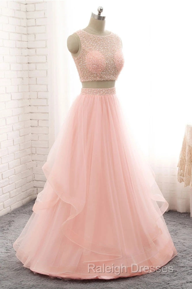 Pink See Through Tulle Beading Strapless Two Piece Prom Dress Secondary image