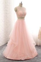 Pink See Through Tulle Beading Strapless Two Piece Prom Dresses