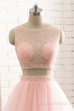 Pink See Through Tulle Beading Strapless Two Piece Prom Dresses