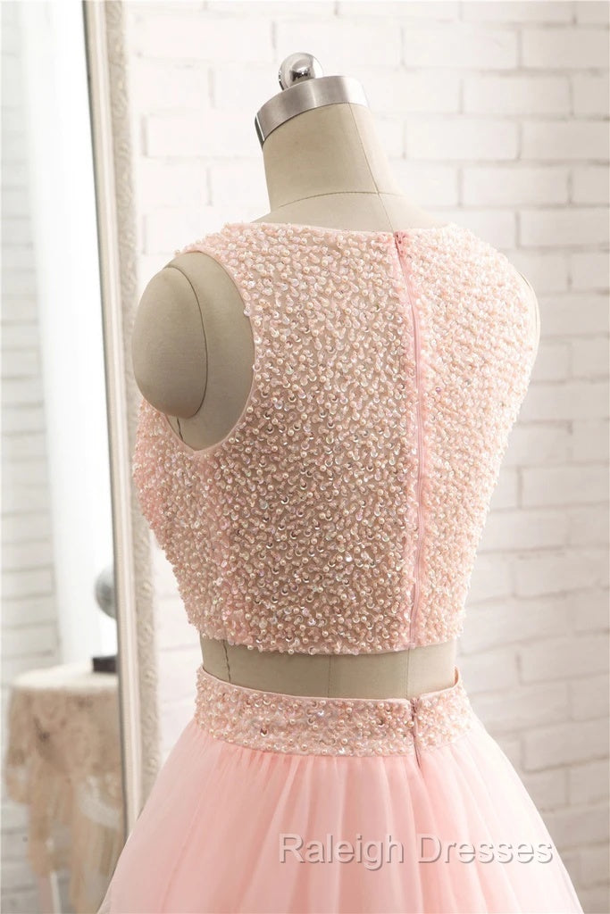 Pink See Through Tulle Beading Strapless Two Piece Prom Dresses