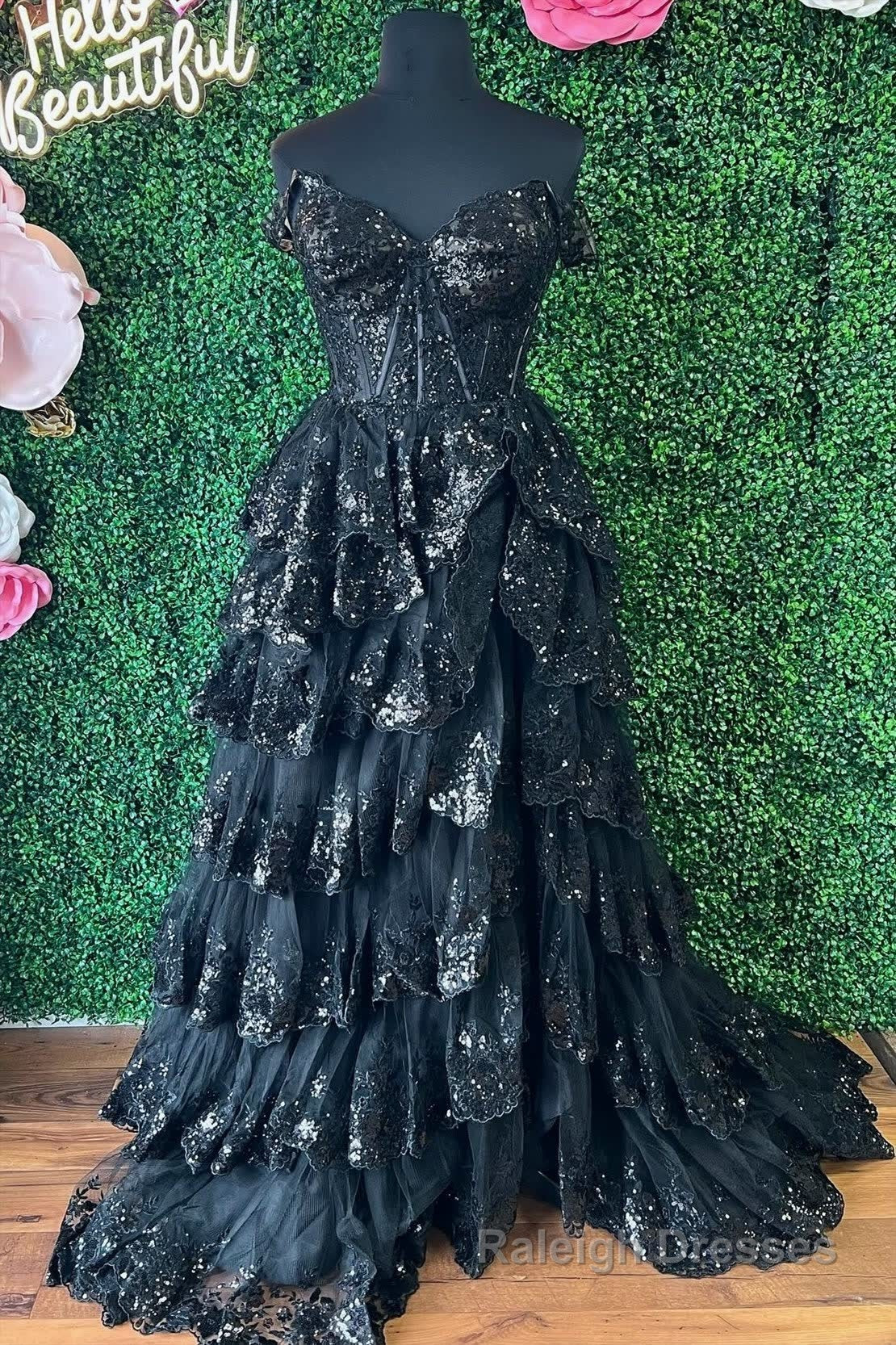 Pink Sequin Appliques Off-the-Shoulder Ruffle Tiered Long Gown