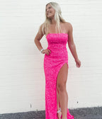 Pink Sequin Prom Dresses Long Strapless Mermaid Prom Gowns