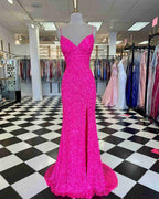 Pink Sequin Prom Dress Long Spaghetti Straps Prom Gowns