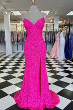 Pink Sequin Prom Dress Long Spaghetti Straps Prom Gowns