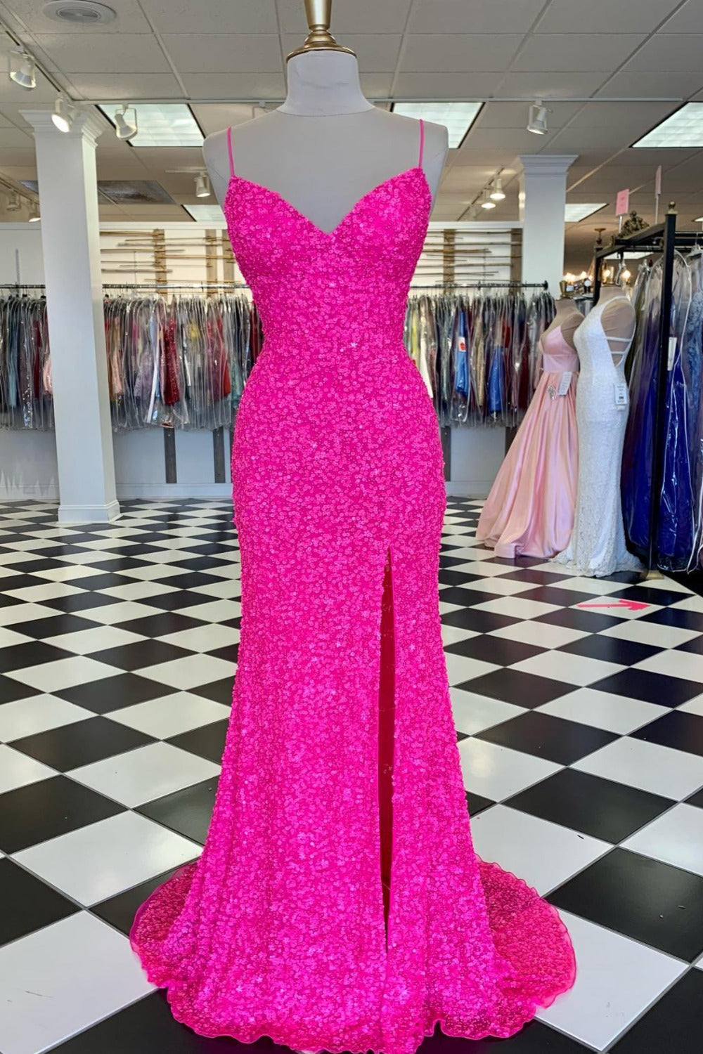 Pink Sequin Prom Dress Long Spaghetti Straps Prom Gowns