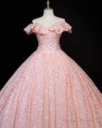 Pink Sequin Prom Ball Gowns Ruffle Shoulder Dress