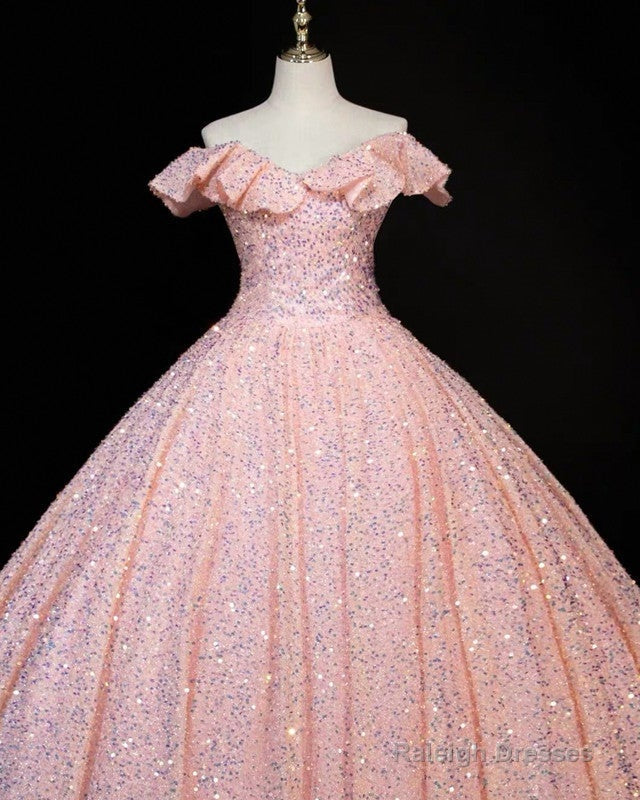 Pink Sequin Prom Ball Gowns Ruffle Shoulder Dress