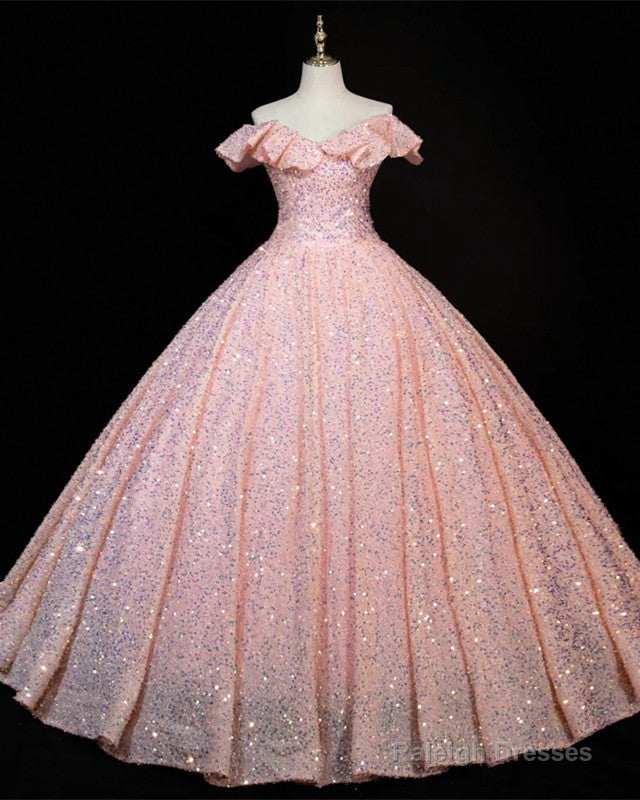 Pink Sequin Prom Ball Gown Ruffle Shoulder Dresses Main image