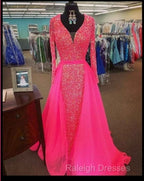 Pink Sequin Prom Dresses Long Sleeves V Neck Evening Gowns With Train