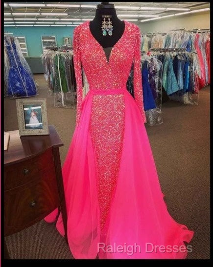 Pink Sequin Prom Dresses Long Sleeves V Neck Evening Gowns With Train