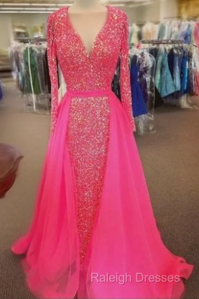 Pink Sequin Prom Dresses Long Sleeves V Neck Evening Gowns With Train Main image