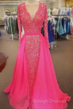 Pink Sequin Prom Dresses Long Sleeves V Neck Evening Gowns With Train
