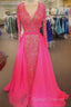Pink Sequin Prom Dresses Long Sleeves V Neck Evening Gowns With Train