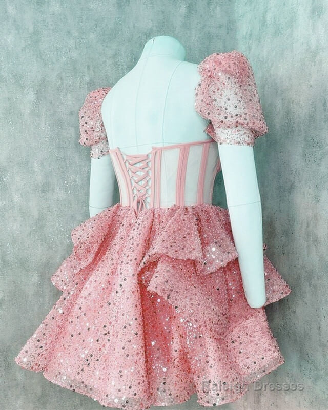 Pink Sequin Ruffles Corset Back Homecoming Dresses Secondary image