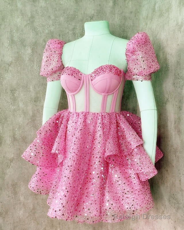 Pink Sequin Ruffles Corset Back Homecoming Dress Main image