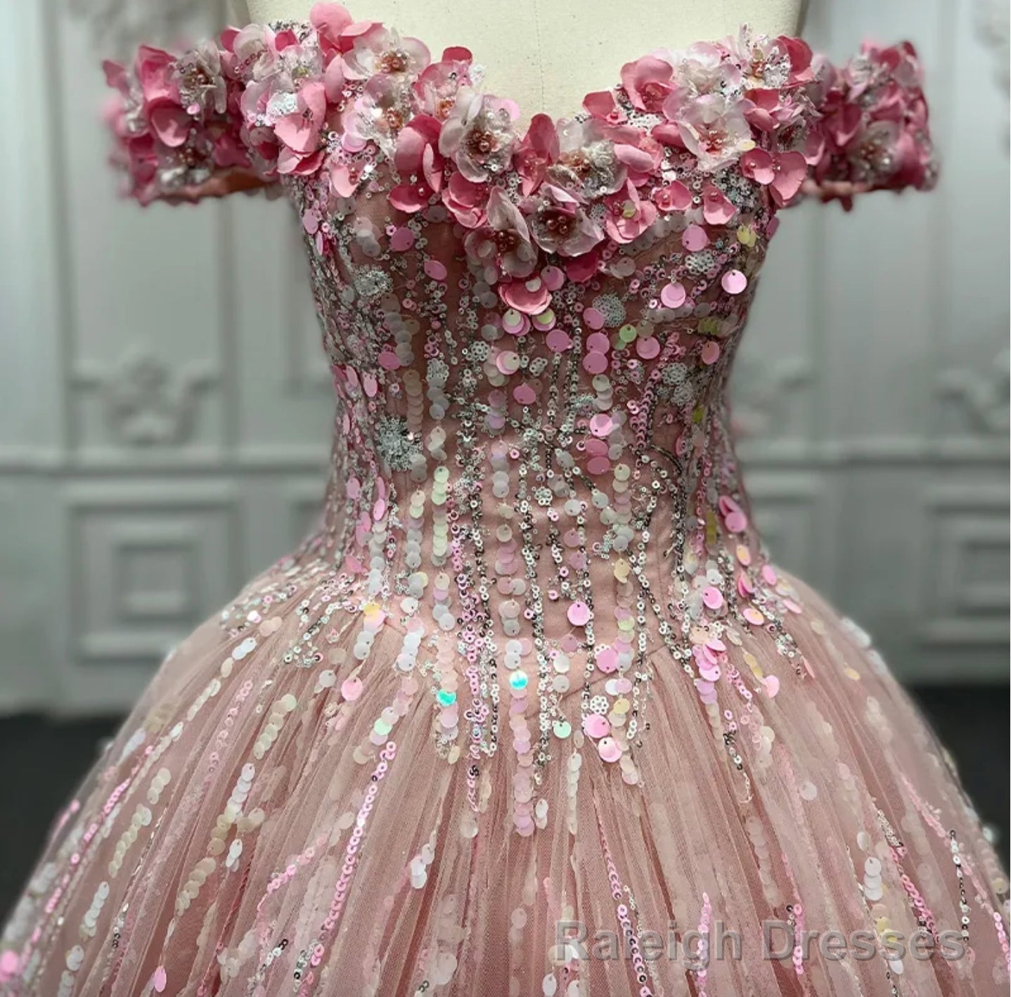 Pink Sequined Off the Shoulder Quinceaera Dress Secondary image