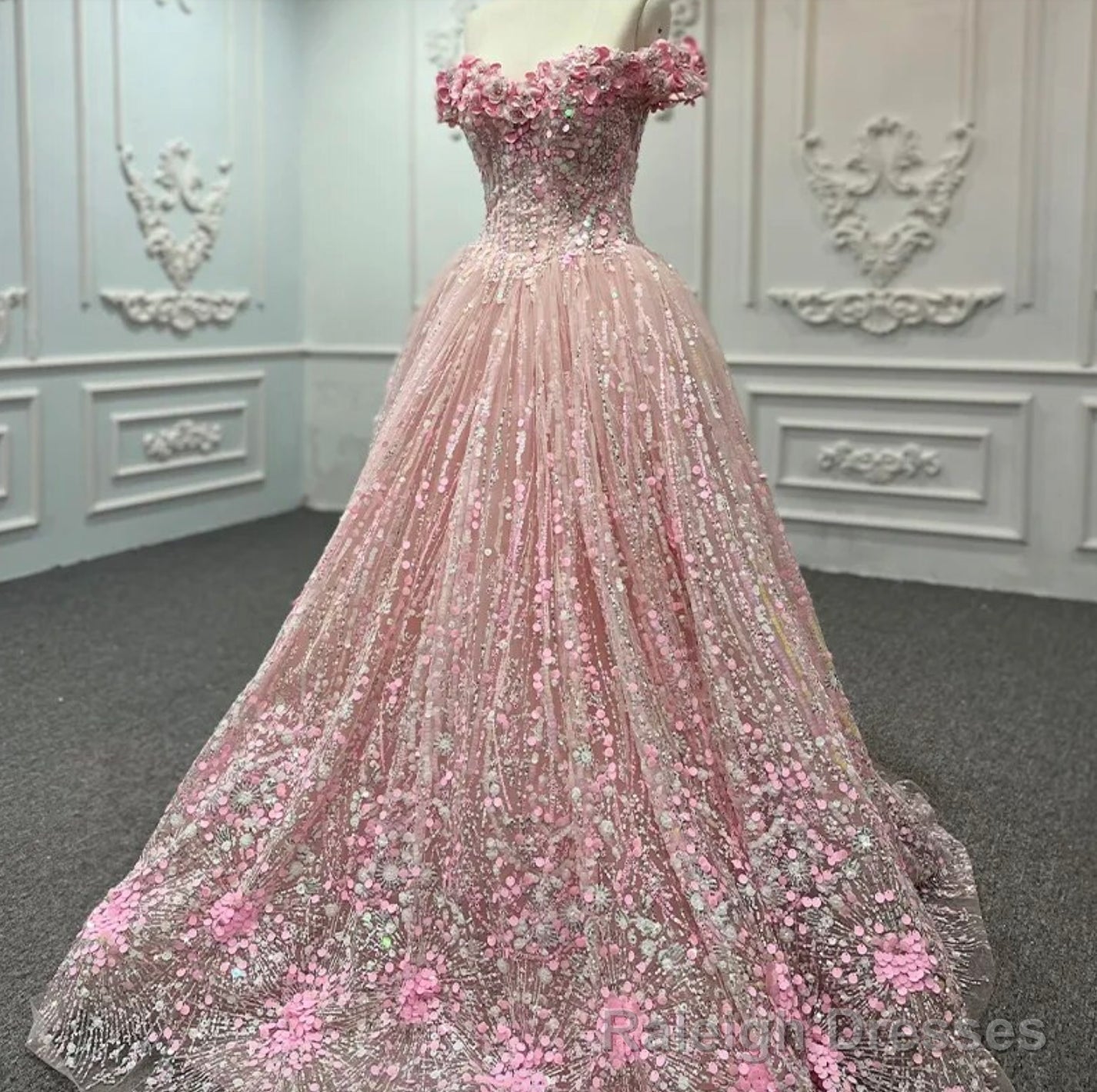 Pink Sequined Off the Shoulder Quinceaera Dress Main image