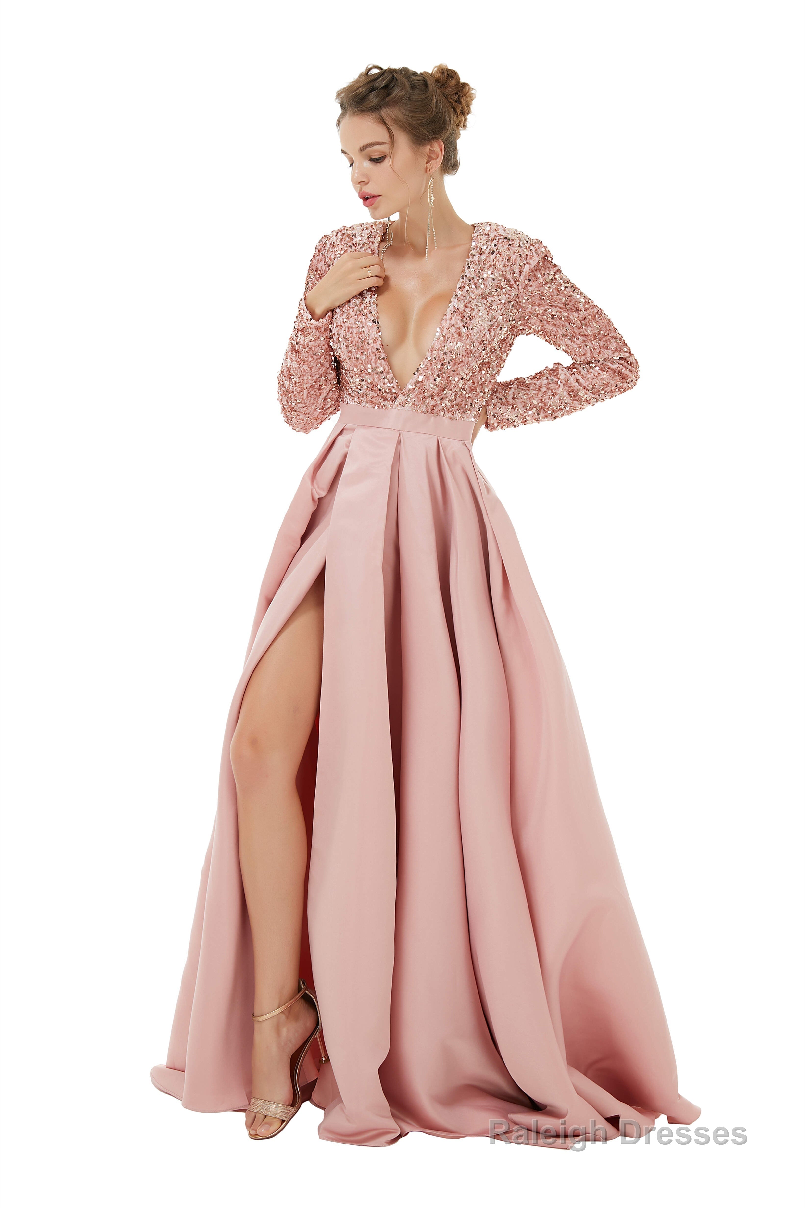 Sequined Satin A Line Front Slit V Neck Full Sleeve Sweep Train Long Prom Dresses