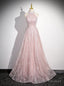 Pink Sequins Halter Backless Beading Prom Dress