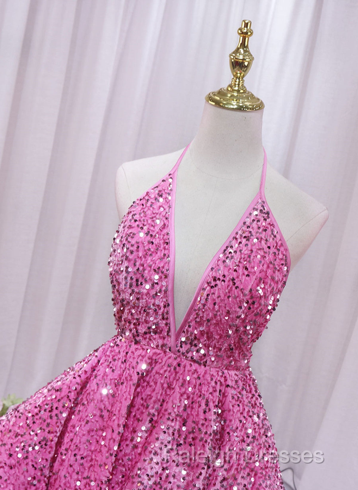 Pink Sequins Halter Backless Short Homecoming Dress, Pink Short Prom Dress Secondary image