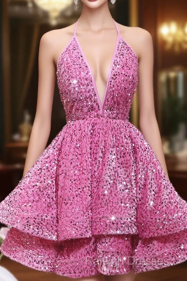 Pink Sequins Halter Backless Short Homecoming Dresses Pink Short Prom Dresses Main image