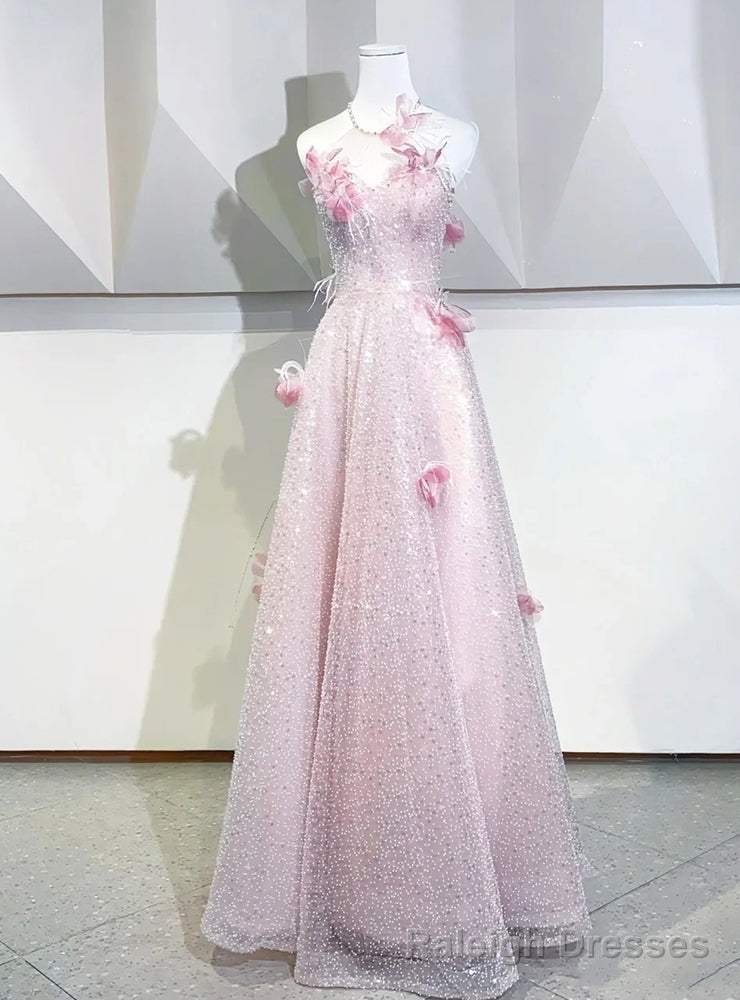 Pink Sequins Halter Flower Prom Dress Main image