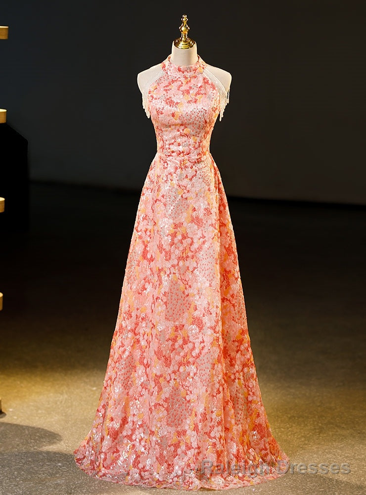 Pink Sequins High Neck Beading Prom Dress Main image