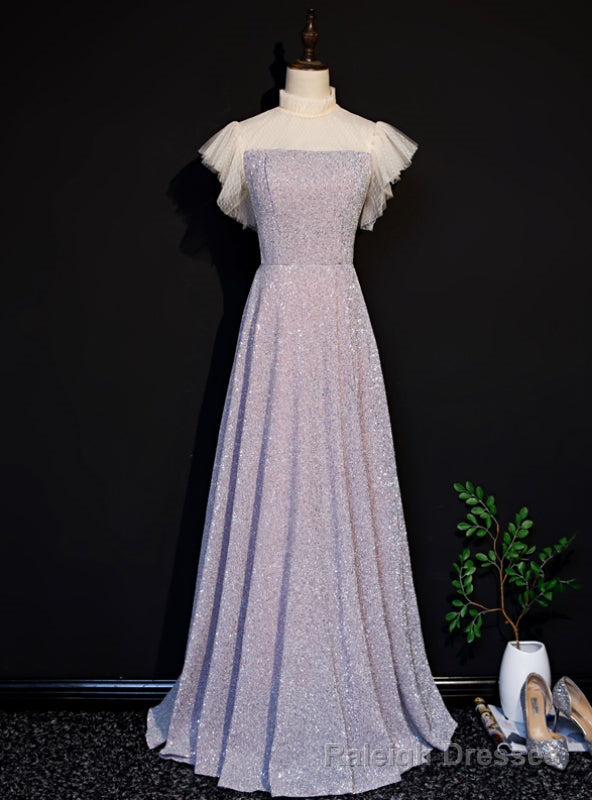 Pink Sequins High Neck Short Sleeve Prom Dress