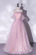 Pink Sequins Long A Line Prom Dress, Off the Shoulder Prom Prom Dress