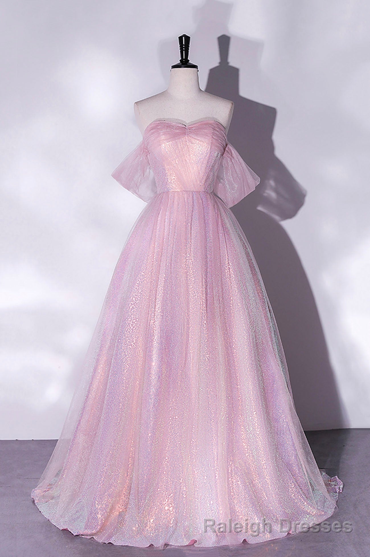 Pink Sequins Long A Line Prom Dress, Off the Shoulder Prom Prom Dress