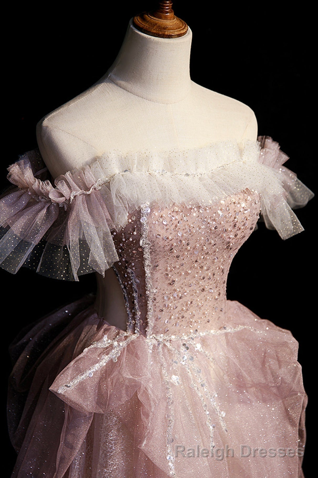 Pink Sequins Long A Line Prom Dress, Off the Shoulder Prom Prom Dress