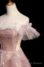 Pink Sequins Long A Line Prom Dress, Off the Shoulder Prom Prom Dress