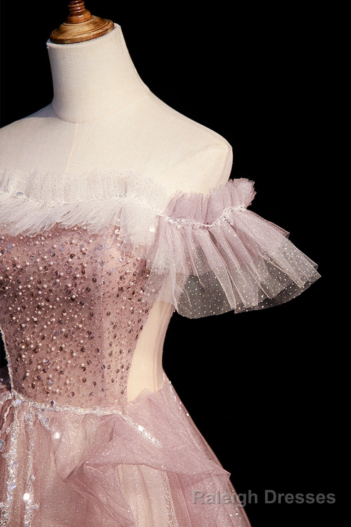 Pink Sequins Long A Line Prom Dress, Off the Shoulder Prom Prom Dress