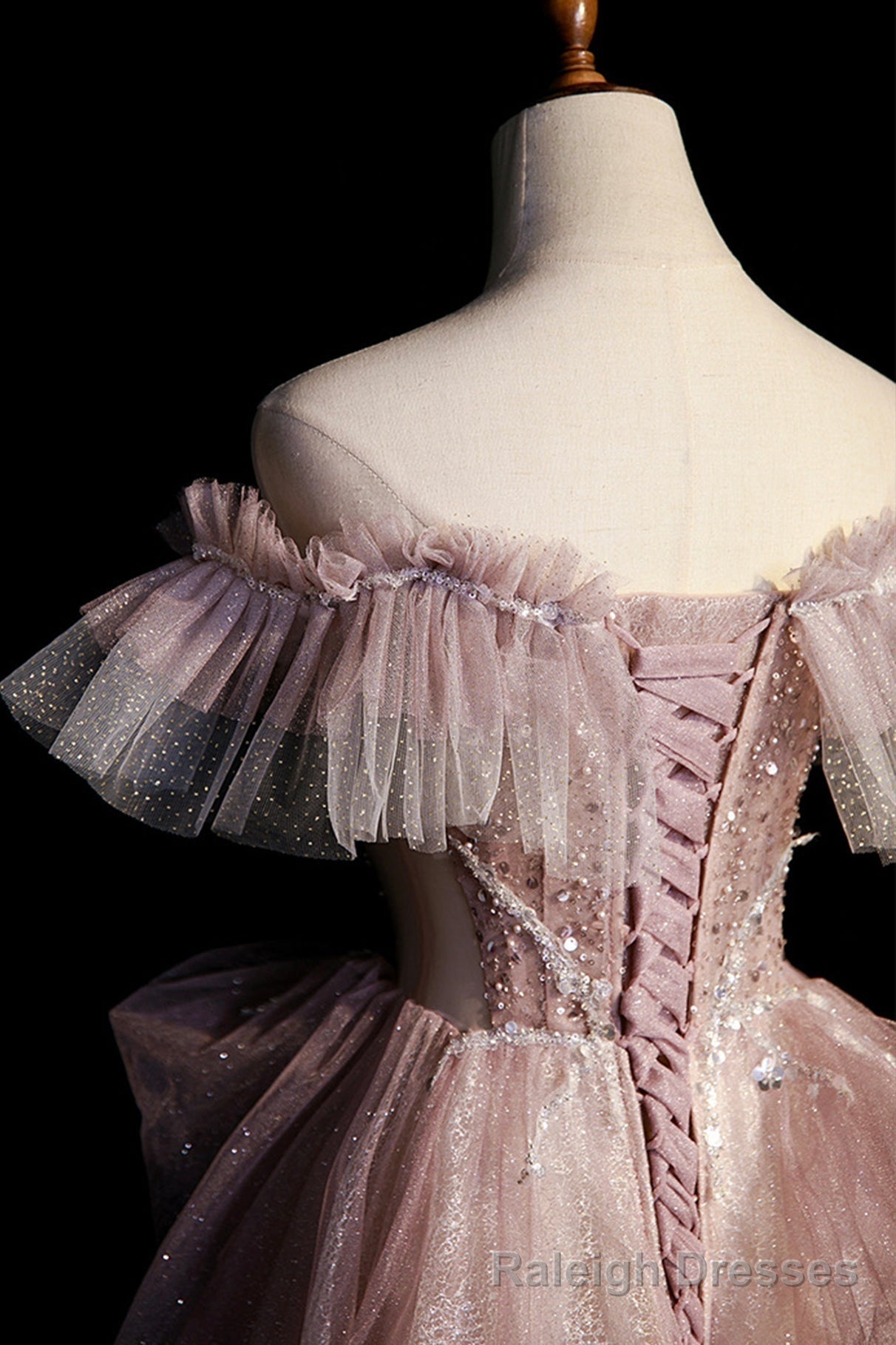 Pink Sequins Long A-Line Prom Dress, Off the Shoulder Evening Party Dress