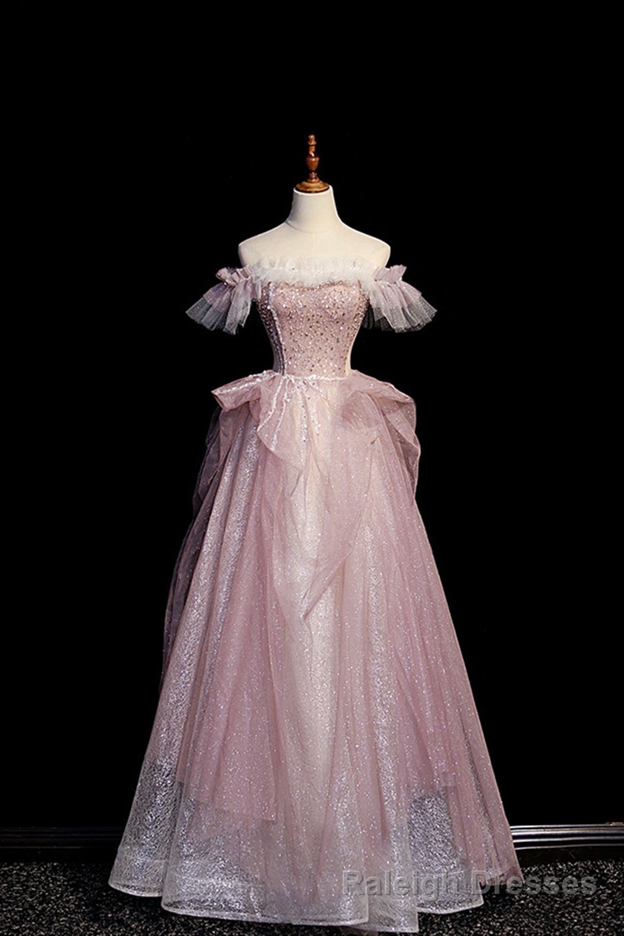 Pink Sequins Long A-Line Prom Dress, Off the Shoulder Evening Party Dress