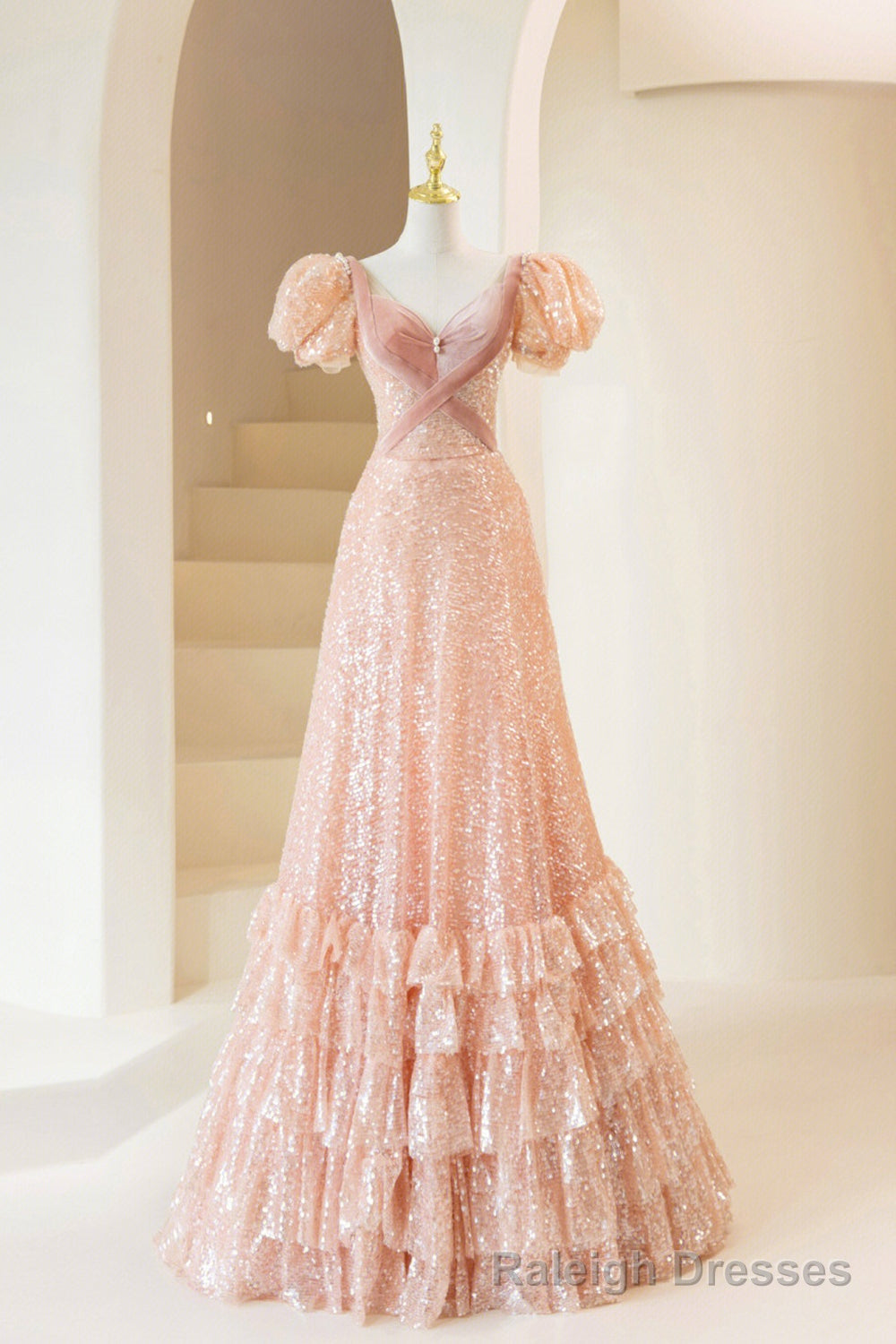 Pink Sequins Long Prom Dress, A-Line Short Sleeve Evening Dress Main image