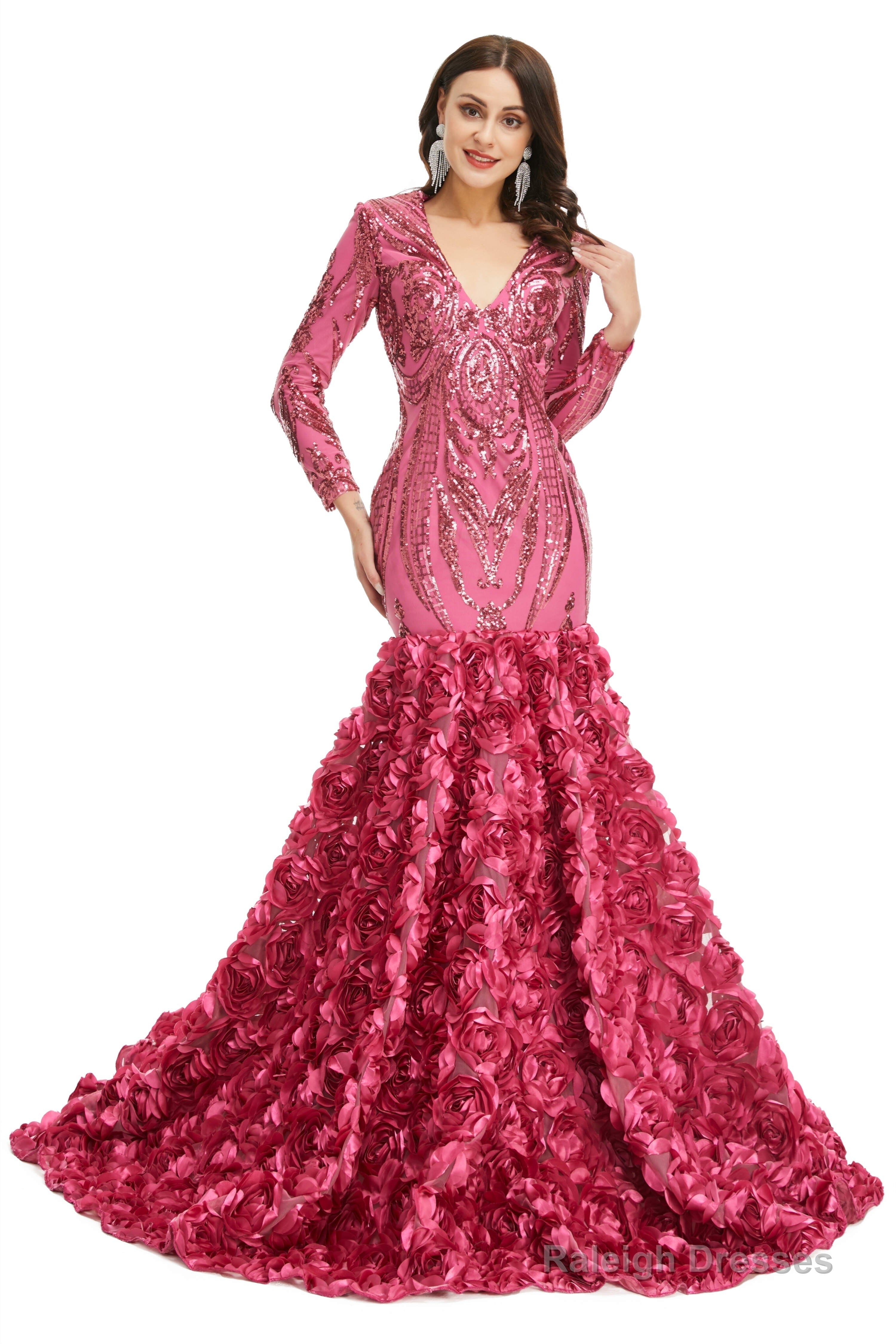 Sequins Mermaid Long V Neck Prom Dresses Full Sleeve